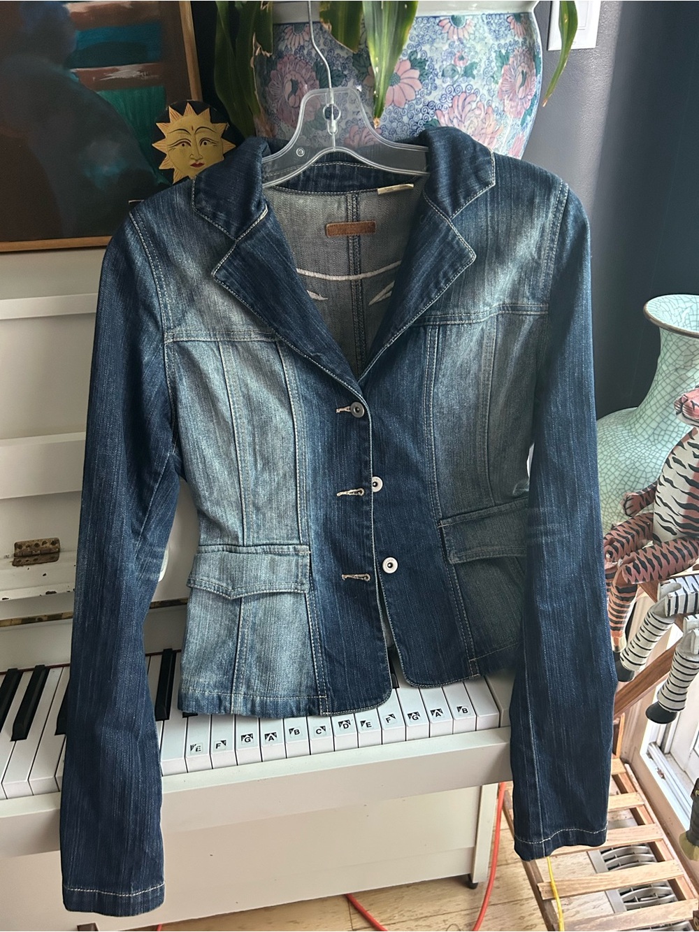 Y2K Western Denim Blazer Jacket Medium Fitted Embroidered Dark Wash